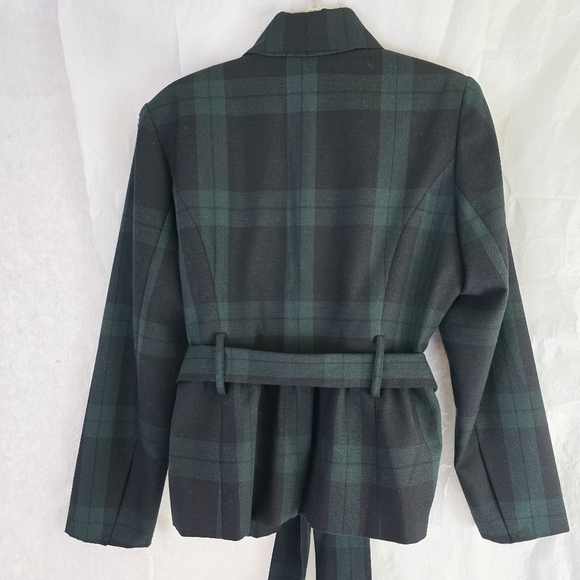 Chadwick Plaid Open Jacket Women Sz 14 Tartan Dark & Green Navy Belted Pleated - Picture 2 of 13